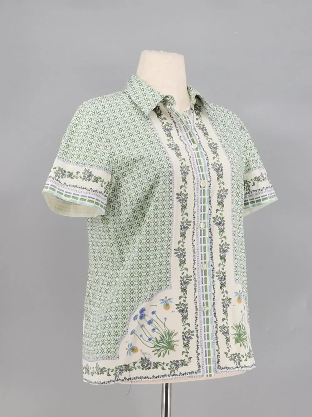 TORY BURCH Talia Botanical Printed Stretch Cotton Short Sleeve Shirt Size 12